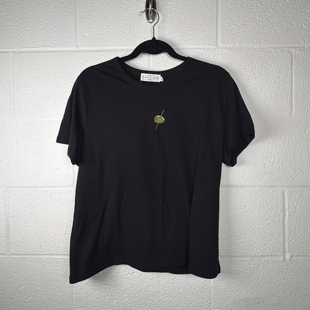 State of Mine Martini Olive Baby Tee Black Embroidered Cocktail Shirt NWT L